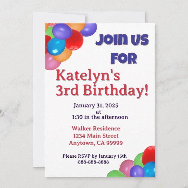 Colourful Balloons Invitation (Front)