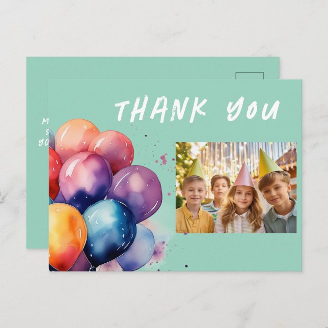 Colourful Balloons Kids Birthday Photo Thank you Postcard (Front/Back)
