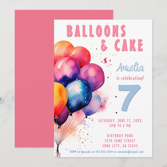 Colourful Balloons Watercolor Kids Birthday party  Invitation (Front/Back)
