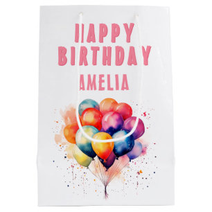 Colourful Balloons Watercolor Kids Happy Birthday  Medium Gift Bag