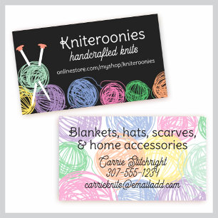Colourful balls of yarn knitting needles biz cards