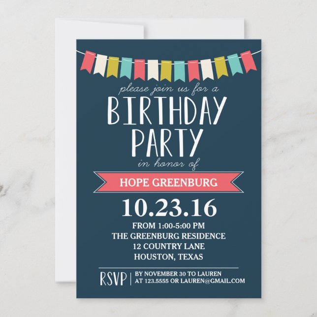 Colourful Banners Dark Navy Blue Birthday Party Invitation (Front)