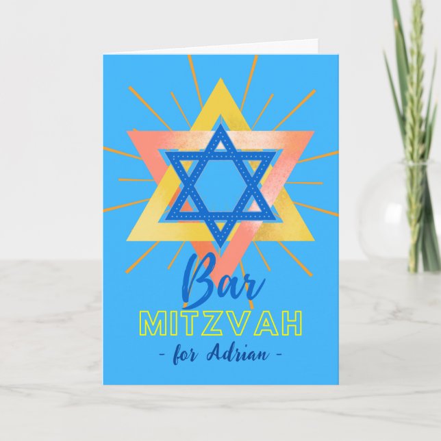 Colourful Bar Mitzvah Star of David Add a Name Card (Front)