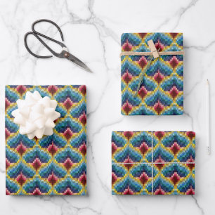 Colourful Bargello Embroidery Boho Chic Pattern Wrapping Paper Sheet