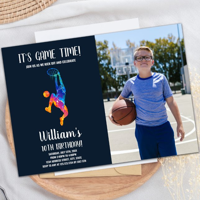 Colourful Basketball Birthday Invitation with Phot (Basket Colors Basketball Birthday Invitations phot)