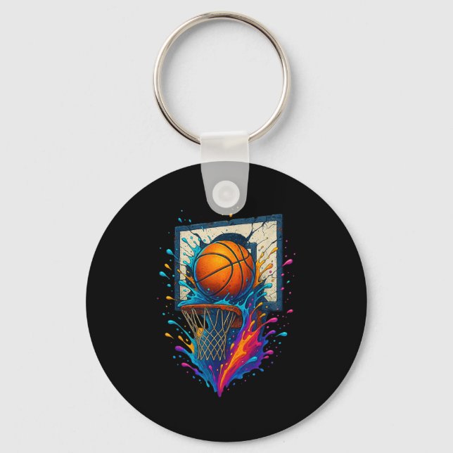 Colourful Basketball Slam Dunk Splash Hoop Backboa Key Ring (Front)