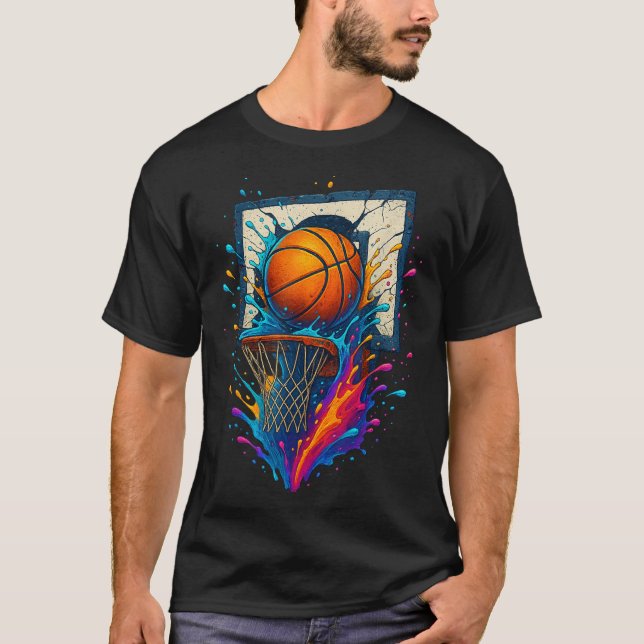 Colourful Basketball Slam Dunk Splash Hoop Backboa T-Shirt (Front)
