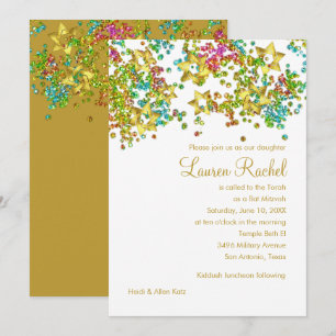 Colourful Bat Mitzvah Gold Star Glittery Confetti Invitation