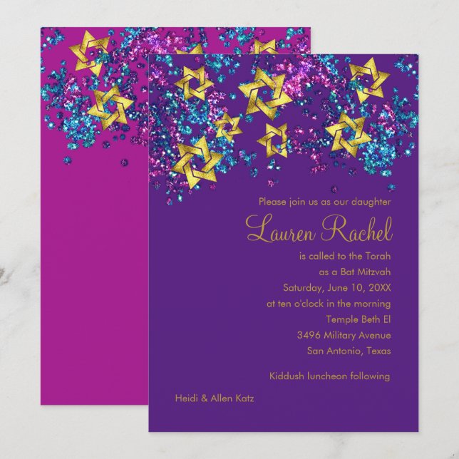 Colourful Bat Mitzvah Gold Star Glittery Confetti Invitation (Front/Back)