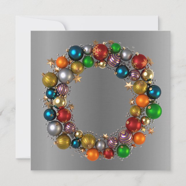 Colourful Baubles Wreath Holiday Card (Front)