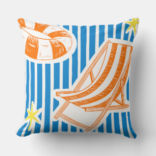 Colourful Beach Bold Orange Blue Stripes Cushion