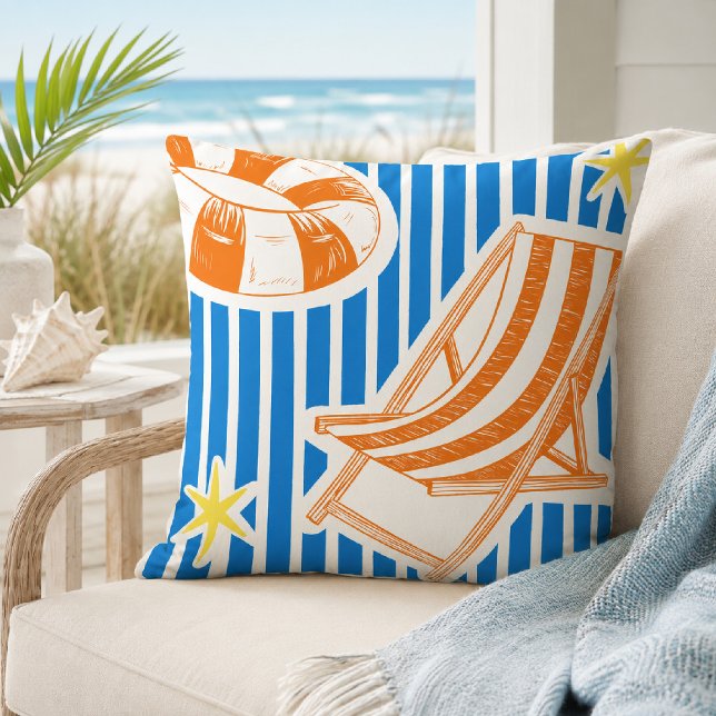 Colourful Beach Bold Orange Blue Stripes Cushion (Creator Uploaded)