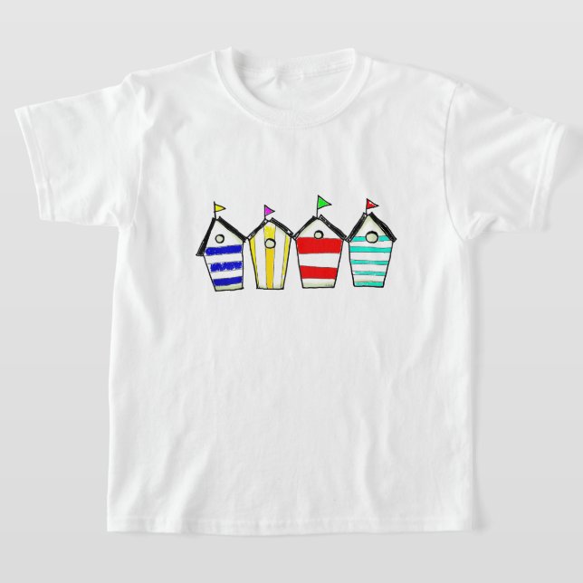 Colourful Beach Hut Illustration T-Shirt (Laydown)