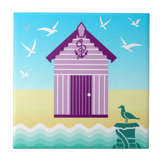 Colourful Beach Hut with Anchor & Rope Motif Tile
