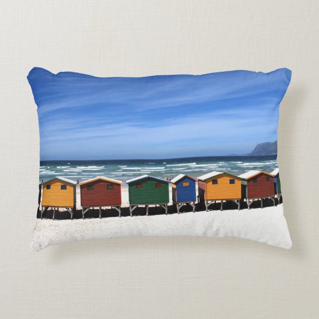 Colourful Beach Huts by the Sea Accent Pillow (Front)