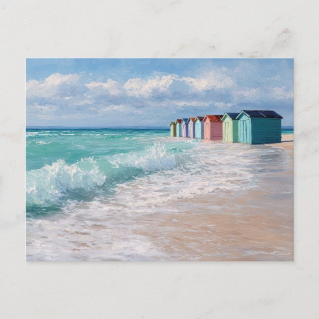 Colourful Beach Huts Coastal Art Postcard  (Front)