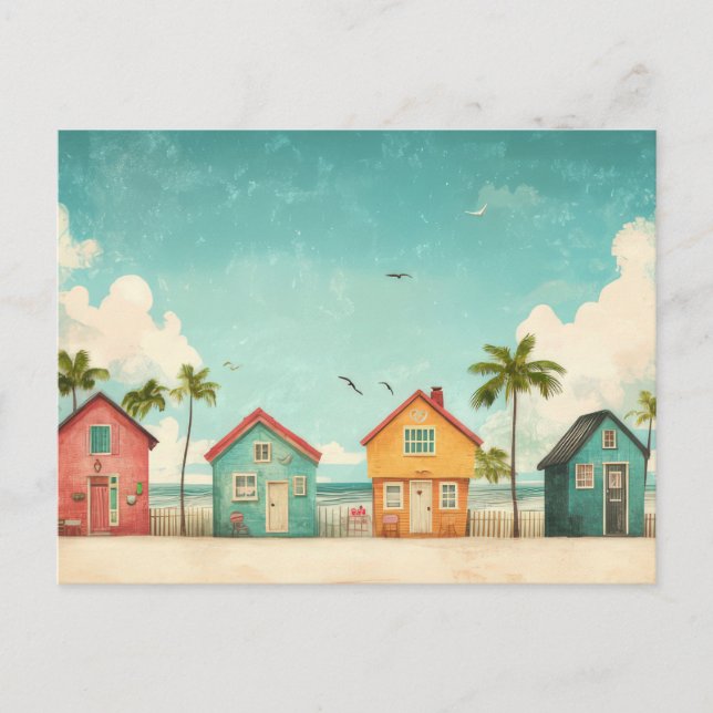 Colourful Beach Huts Coastal Art Postcard  (Front)