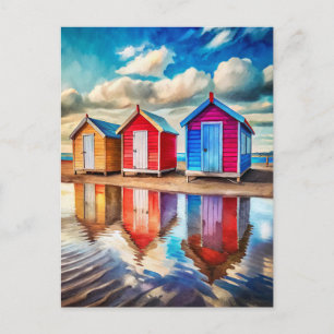 Colourful Beach Huts Ocean Reflection Coastal Postcard