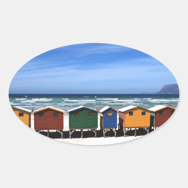 Colourful Beach Huts Oval Sticker (Front)