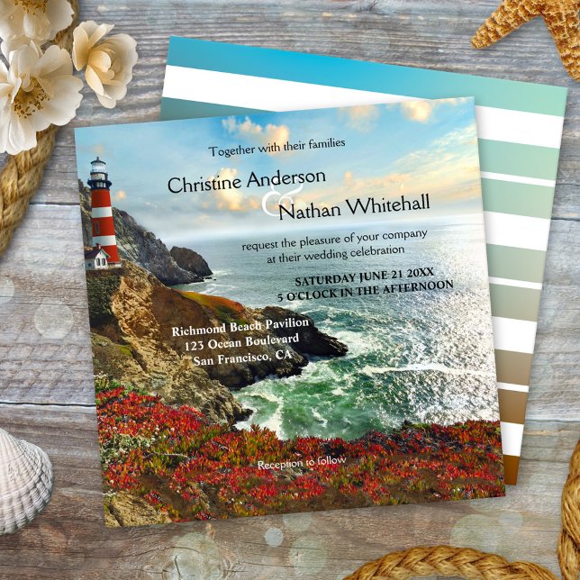 Colourful Beach Lighthouse Wedding Invitation (Wedding invitation featuring a painting of a lighthouse on a cliff at the ocean in vibrant colors)