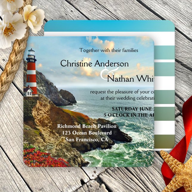 Colourful Beach Lighthouse Wedding Invitation (Wedding invitation featuring a painting of a lighthouse on a cliff at the ocean in vibrant colors)
