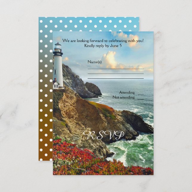 Colourful Beach Lighthouse Wedding RSVP Card (Front/Back)
