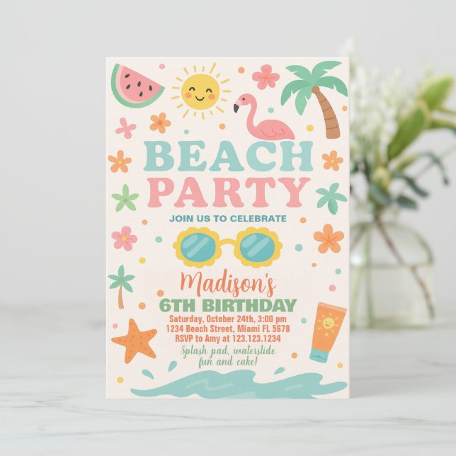 Colourful Beach Party Birthday Invitation & Decor (Standing Front)