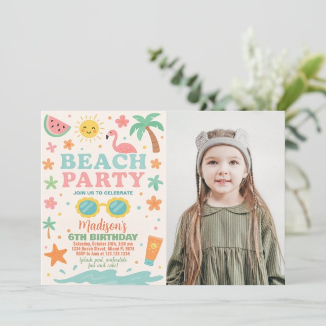 Colourful Beach Party Birthday Invitation & Decor (Standing Front)