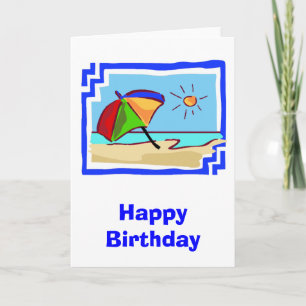 Colourful Beach Scene of Ocean, Sun & Umbrella Card