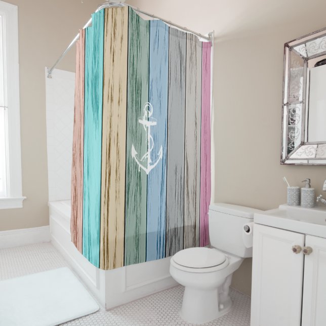 Colourful Beach Wood Nautical Stripes & Anchor Shower Curtain (In Situ)