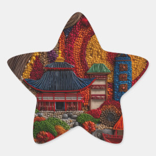 Colourful Beadwork Asian Pagoda Star Sticker – Tex