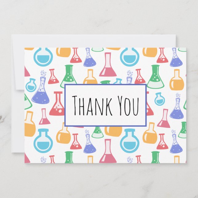 Colourful Beakers and Flasks Science Pattern Thank You Card (Front)