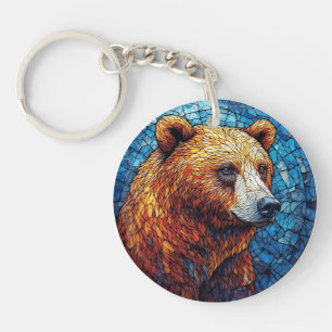 Colourful Bear Portrait in a Stained Glass Art Key Ring