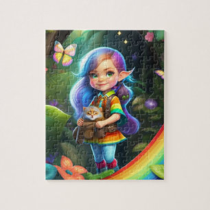 Colourful Beautiful Little Cute Elf Girl With Cat Jigsaw Puzzle