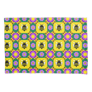 Colourful Bee and Flower Pattern Pillowcase