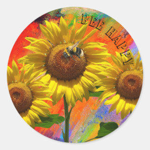 Colourful Bee Happy Sunflower Classic Round Sticker