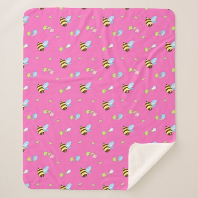 Colourful Bees and Flowers Sherpa Blanket (Front)