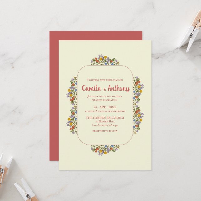 Colourful Beige Wildflower Border Wedding Invitation (Front/Back In Situ)