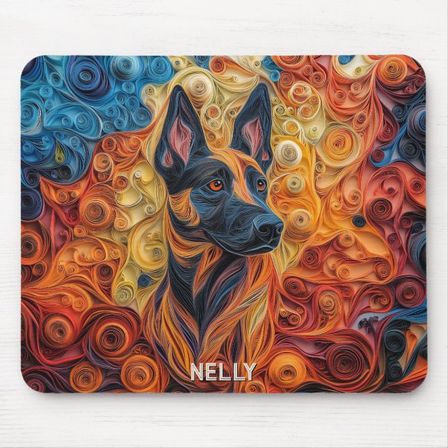 Colourful Belgian Malinois Paper Quilling Portrait Mouse Pad (Front)