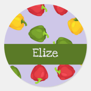 Colourful bell peppers on purple classic round sticker