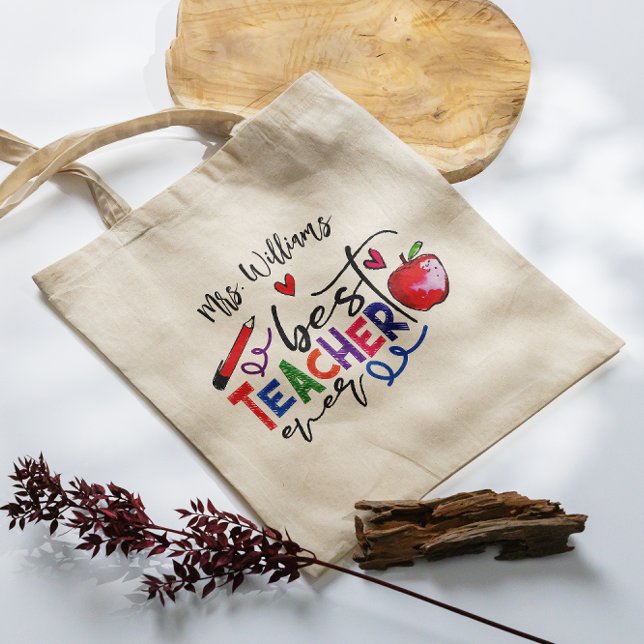 Colourful Best Teacher Ever Typography Tote Bag (Creator Uploaded)