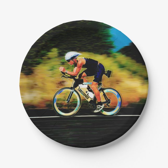 Colourful Bicycle Rider With Your Personal Name Paper Plate (Front)
