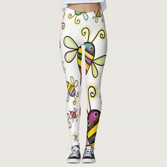 Colourful Big Bees on White All-Over-Print Legging (Front)