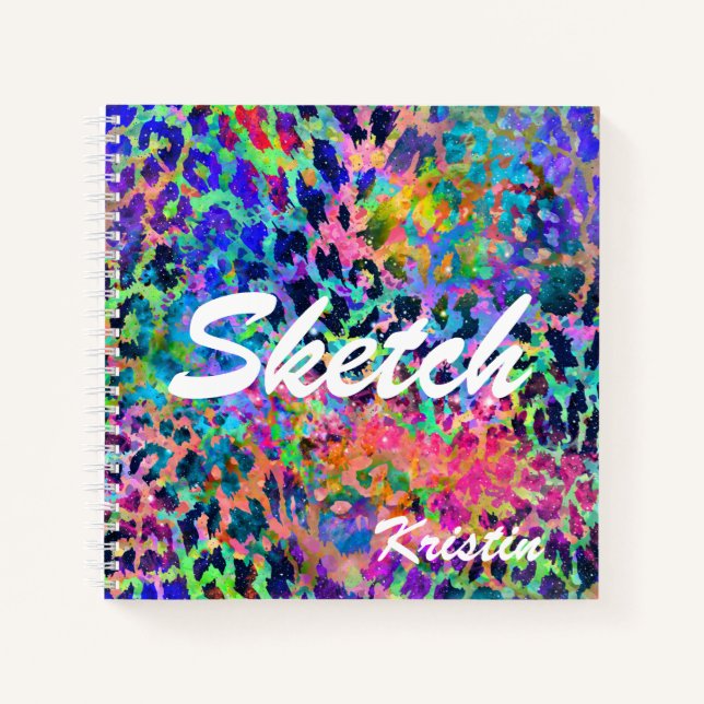 Colourful  Big Cat Animal Print Name Sketchbook Notebook (Front)