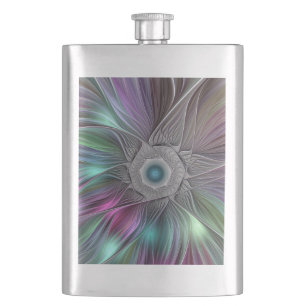 Colourful Big Flower Abstract Trippy Fractal Art Hip Flask