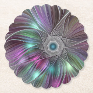 Colourful Big Flower Abstract Trippy Fractal Art Paper Coaster