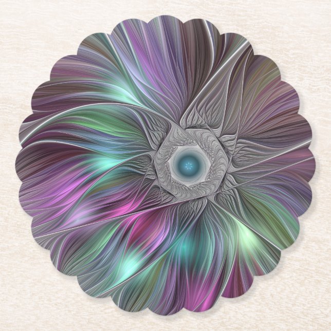 Colourful Big Flower Abstract Trippy Fractal Art Paper Coaster (Front)