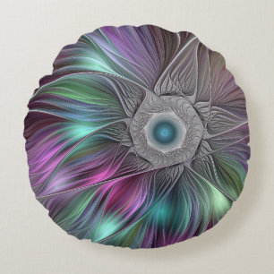 Colourful Big Flower Abstract Trippy Fractal Art Round Cushion