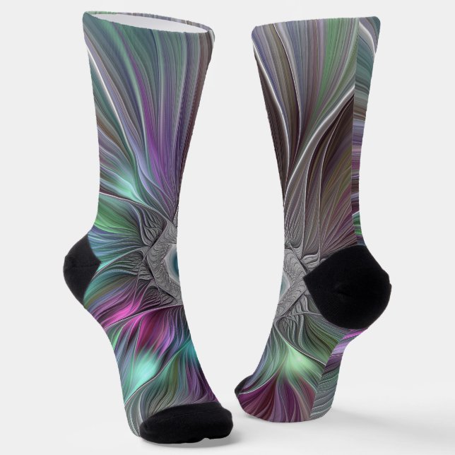 Colourful Big Flower Abstract Trippy Fractal Art Socks (Angled)