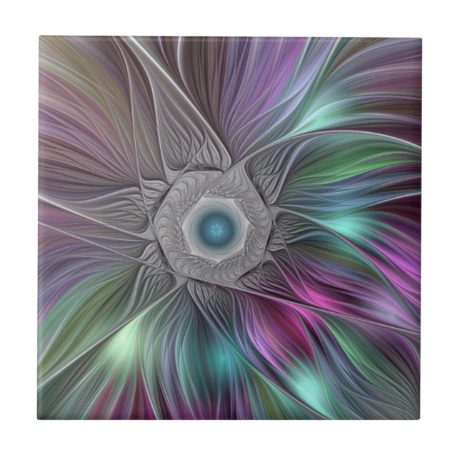 Colourful Big Flower Abstract Trippy Fractal Art Tile (Front)